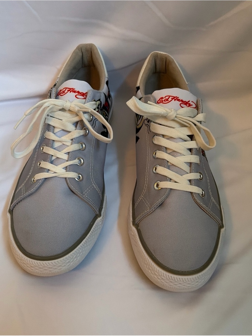 Ed Hardy Men’s Light Gray Canvas Sneakers with Red Logo